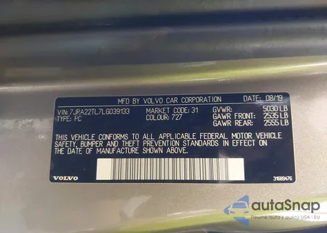 2020 Volvo S60 T6 Inscription z USA, uszkodzony, nr VIN 7JRA22TL7LG039133